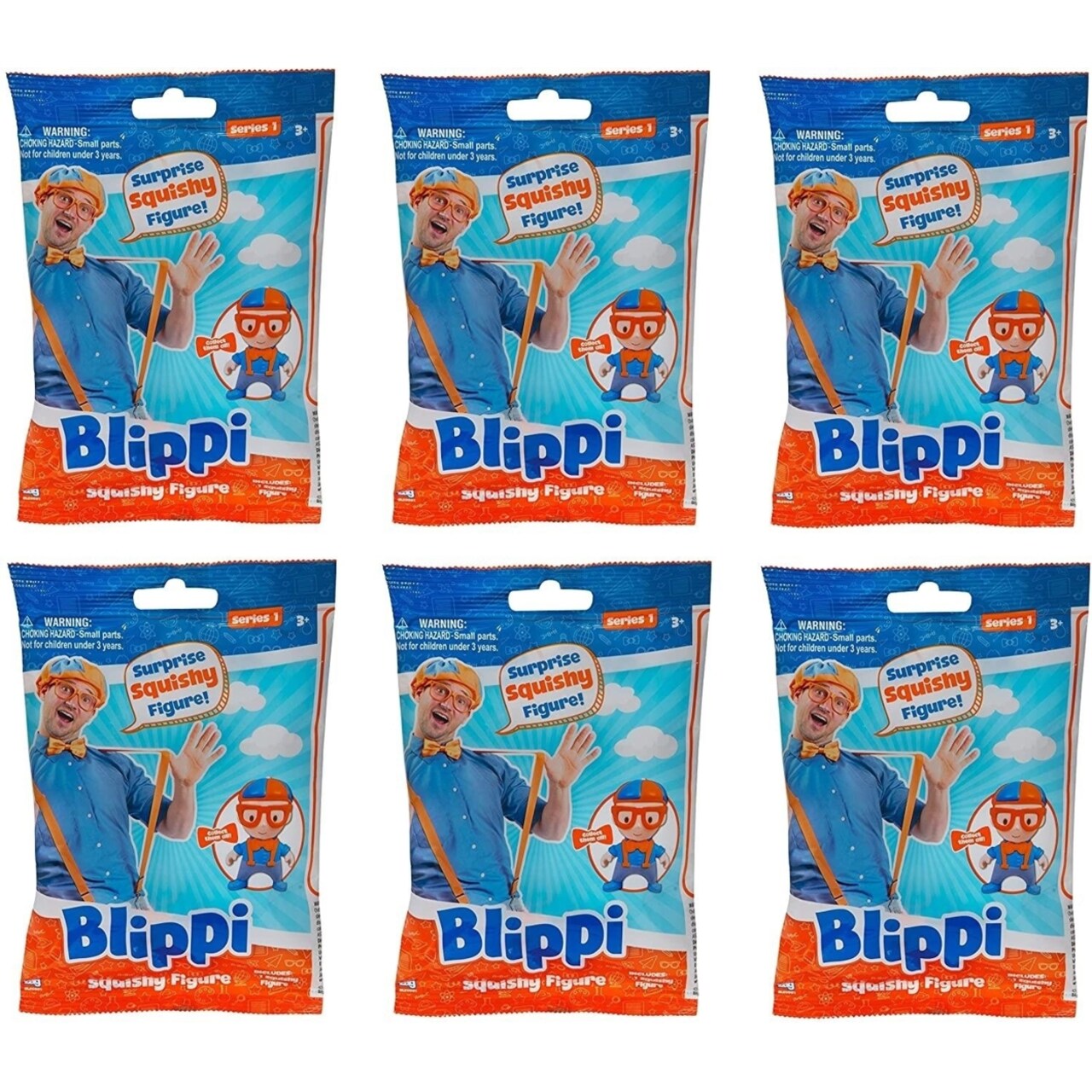 Blippi Squishy Figures 6Pk Series 1 Police Doctor Firefighter Farmer Ucc